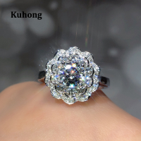 Kuhong แหวนผู้หญิงลายดอกไม้สวยๆ,วงแหวนแฟชั่นทำจากเซอร์โคเนียเหลี่ยมมุมฉากงานเลี้ยงงานแต่งงานโรแมนติกเครื่องประดับแฟชั่น