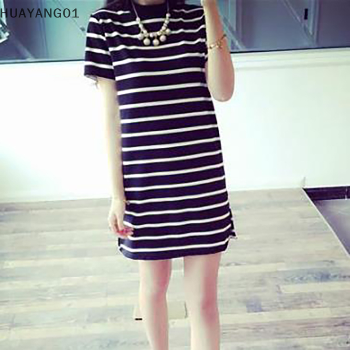 huayang01-2023-new-hot-fashion-lazlook-แฟชั่นผู้หญิง-mini-dress-2023-summer-round-neck-short-sleeve-a-ชุดวันหยุดสำหรับสุภาพสตรี-casual-summer-short-dress-เสื้อขนาดใหญ่-striped-t-shirt-dress-หญิง-slim-