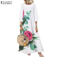 ♟❈ ZANZEA Women Fashion Round Neck 3/4 Sleeve Floral Printed Casual Loose Long Dress