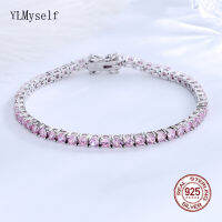 Real Solid 925 Silver Metal 15-21 cm Tennis celet Pave Full 3 mm Round Pink Zircon Sweet Fine Jewelry For Women