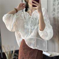 23Women Ramie Shirts Summer R Embroidery Lace-Up Loose Full Lantern Sleeve Female Tide Tops Wild