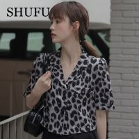 SHUFU 2313 สต็อกพร้อม สไตล์เกาหลี เสื้อปก ลายเสือดาว แขนสั้น เสื้อชีฟองสำหรับผู้หญิง พลัสไซส์