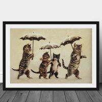 Vintage Cats With Umbrellas Poster Prints - Retro Animal Canvas Painting Wall Art-ลูกแมวน่ารัก Family Home Decor