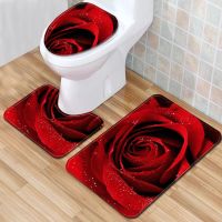 【PPQ Home Life Museum】 Bright Rose Bath Mats Set Valentine 39; S Day 3 Piece Bathroom Rug Anti Slip Carpet For Home Decor Toilet Seat Cover 3D Blanket