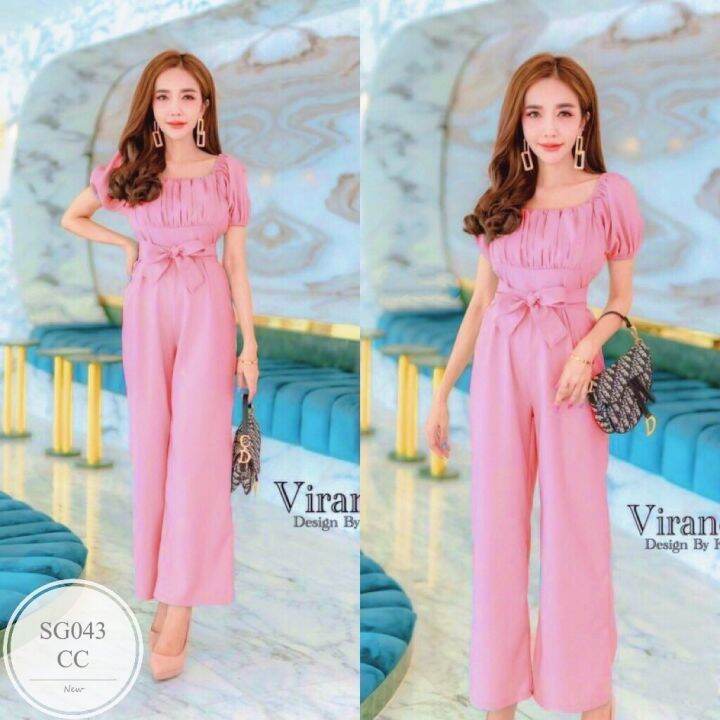 ml043-jumpsuit-จั๊มสูทขายาว-แขนพอง-ช่วงอกจับจีบ-ช่วงเอวมีโบว์ผูก-ไหล่สม็อคยางยืด-เนื้อผ้าซาร่า-ทรงเข้ารูปสวย-งานน่ารัก-ใส่สวยตัวเดียวจบ-นางแบบใส่งานจริง-เนื้อผ้า-ซาร่า-สี-2-สี-กรม-ชมพู-ขนาด-รอบอก-bust