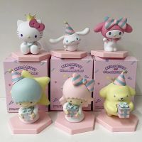 Sanrio สุนัข Cinnamoroll ลายการ์ตูนน่ารักเมโลดี้6ชิ้น/เซ็ตตุ๊กตาตุ๊กตาขยับแขนขาได้เมโลดี้ Pom Pom Purin สำหรับตกแต่งของขวัญเด็กผู้หญิง