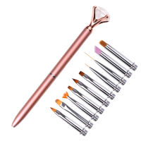 1+10Pcsset Diamond Nail Art Brush Metal Handle Replaceable Brushes Pen Liner UV Gel Gradient Painting Cuticle Pusher Manicure