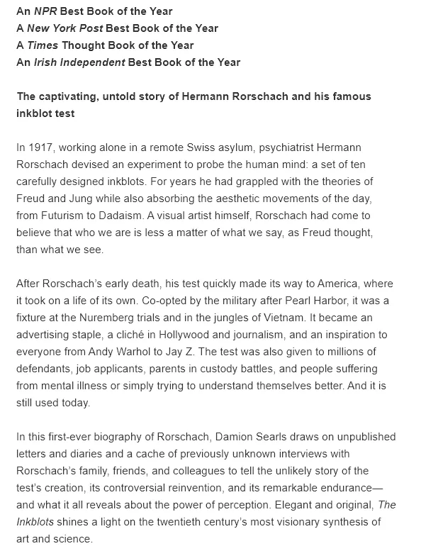 Books: The Inkblots: Hermann Rorschach, His Iconic Test and the Power of  Seeing by Damion Searls