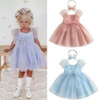 FOCUSNORM 3 Colors Princess Little Girls Boho Dress 0-5Y Polka Dot Puff Sleeve Flower Layered Mesh Tutu Bowknot Dress Headband  by Hs2023