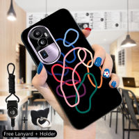 เคส PMP สำหรับ OPPO Reno10 Pro + 5G เคส Hp Oppo Reno10 Pro + 5G (แหวนใส่นิ้ว + สายคล้อง) ริบบิ้นโครงกระดูกกระต่ายภูเขาสีดำและสีขาวเคสเคสโทรศัพท์ป้องกัน TPU ซิลิโคนนิ่มกันกระแทก