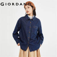 GIORDANO Women Shirts Rounded Collar Wooden Buttons Denim Shirts Single Pocket Long Sleeve Fashoin Casual Loose Shirts 18343617