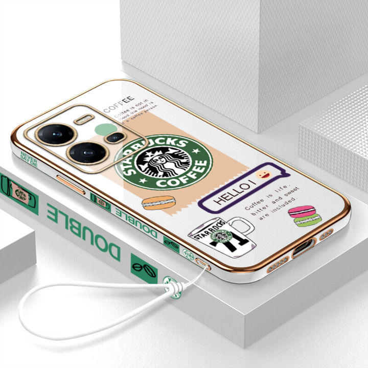 เคสเคสมือถือสำหรับ-vivo-v25-5g-พร้อมฟรีสายคล้อง-โลโก้-starbucks-แฟชั่นชุบขอบสี่เหลี่ยมฝาหลังนิ่ม