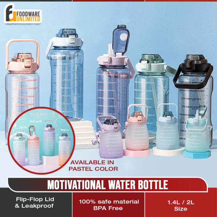 1.4L/2L Motivational Water Tumbler with Straw BPA Flip Lid and