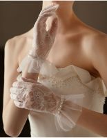 ☇✣ Exquisite Wedding Bridal Gloves for Bride Short Finger Lace Tulle Wedding Gloves with Pearls Ruffles guantes largos mujer