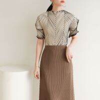 Handmade Pleated Gradient Slimming ไม่สม่ำเสมอแฟชั่น High-End Casual Slim เสื้อยืด1163