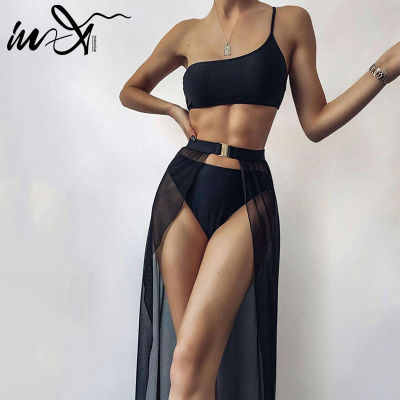 In-X Bandeau swimsuit women Solid 3 pieces set One shoulder swimwear female Skirt belt bikini 2021 Sports bathing suit biquini
