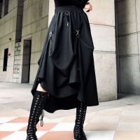 【LZ】❐  Saias Harajuku Estilo Punk Cintura Alta Fivela de Emenda Saia Gótica Irregular Streetwear Preto Livremente Ajustável