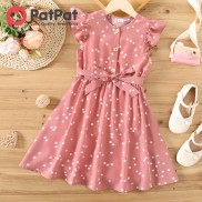 PatPat Kid Girl Dress Đầm Tay Bồng Có Thắt Lưng Thiết Kế Nút Chấm Bi