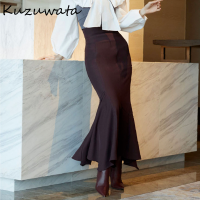 Kuzuwata 2022 Autumn Winter New Women Jupes Japanese Temperament Faldas Solid High Waist Irregular Folds Slit Mermaid Skirts