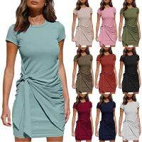 Women Bow Belt Tshirt Dress Summer short sleeve round neck pleated bow belt irregular party Bodycon dress Female Sheath Dresses