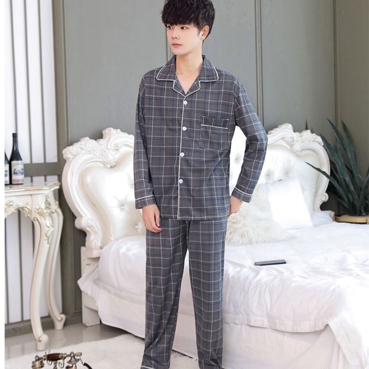 muji-high-quality-mens-young-and-middle-aged-pajamas-summer-thin-pajamas-cotton-long-sleeved-spring-and-autumn-loose-going-out-home-service-suit-winter