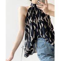 【HOT】 French print sleeveless womens summer suspender design sense niche thin collarbone hanging neck top for women