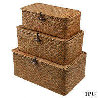 Hand-Woven Home Organiser Bathroom Bedroom Box Desktop Rattan Storage Basket Kitchen Portable With Lid Large Capacity Pastoral