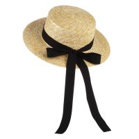 COD tjjs079 Panama Hat Simple Summer Beach Hat Female Casual Lady Women Flat Brim Bowknot Straw Cap Girls Black streamer Sun Hat