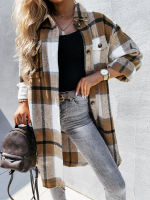 Fall Winter Plaid Jacket Women Harajuku Long Woolen Coat Female Casual Cotton Shacket Oversized Shirt Girl Pocket Lapel Tops