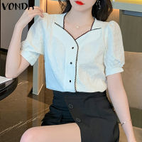 (จัดส่งฟรี)Fancystyle VONDA เสื้อผู้หญิงคอวีมีระบายทรงหลวม,ร่องกระดุมเสื้อเดินทางเสื้อหนา