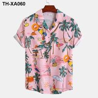 Hawaiian style short-sleeved floral mens loose printed ice silk trendy beach vacation casual clothes