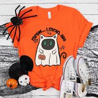 Funny Halloween Meow I Mean Boo Printed T-Shirts For Women Summer Short Sleeve Round Neck Cute Loose T-Shirt Creative Personalized Tops S-5XL