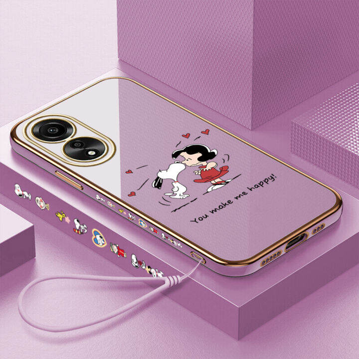 ggk-สำหรับ-oppo-a78-4g-ฟรีสายคล้องลายการ์ตูนสนูปี้แบบขอบสี่เหลี่ยมเคสโทรศัพท์ชุบหรูหราเคสโทรศัพท์นิ่ม