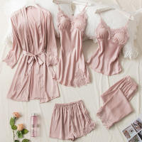 5pcs Pink Silk Robe Sleep Suit Womens Lace Satin Pajamas Gown Set V-Neck Cami Nighties Wear Pijama Home Nightwear Spring Pyjamas