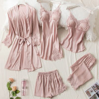 20215pcs Pink Silk Robe Sleep Suit Womens Lace Satin Pajamas Gown Set V-Neck Cami Nighties Wear Pijama Home Nightwear Spring Pyjamas