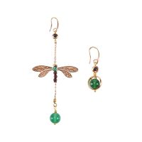 Ethnic Vintage Dragonfly Stone Bead Asymmetric Dangle Earrings Drop Hook Earrings for Women Gift