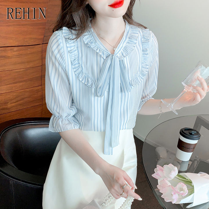 rehin-ผู้หญิงฤดูร้อนลายชีฟองแขนสั้นเสื้อ-bow-tie-collar-elegant-เสื้อ