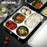 Onetwone ถาดอาหารสแตนเลส304พร้อมฝาปิดจาน5ช่องถาดอาหารกลางวันสำหรับนักเรียนกล่องข้าวทรงสี่เหลี่ยมเสิร์ฟอาหารแบบแบ่งถาดภัตราคารโรงอาหารพนักงานถาดอาหารถาดอาหารแบบแบ่งเป็นช่อง