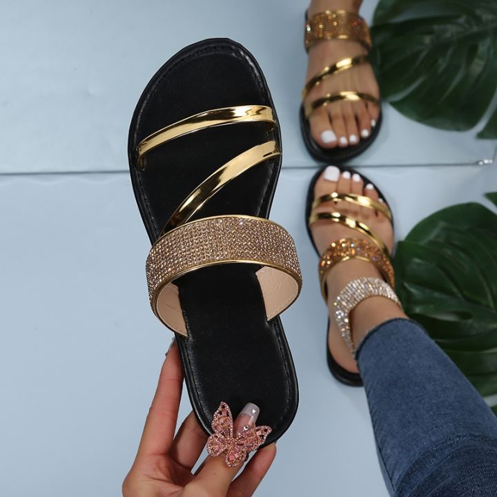 cc-2022-new-womens-fashion-gold-patent-leather-flat-heel-sandals-rhinestone-narrow-band-beach-slippers