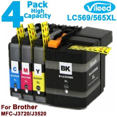 4 Pack LC569XL-BK LC565XL-C LC565XL-M LC565XL-Y Full Set Print Ink Cartridge for Brother MFC-J3720 MFC-J3520 Color Inkjet Printer - LC569 LC565 XL High Capacity LC569XL BK Black LC565XL C Cyan M Magenta Y Yellow High Yield