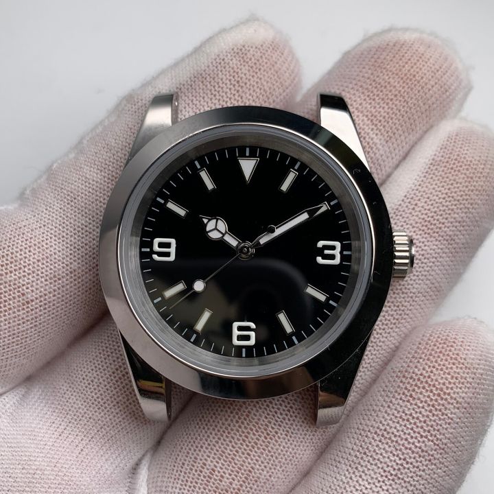 นาฬิกาผู้ชายกลไกอัตโนมัติกระจกแซฟไฟร์หน้าปัดสีดำเรืองแสงหอยนางรม39มม-ฝาหลังเป็นของแข็งเคสเหล็ก316l-สร้อยข้อมือ-f253