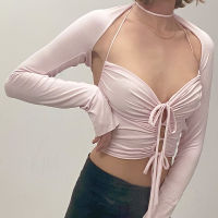 Facialbeauty-ผู้หญิง Halter Tanks Tops + Waistcoat Sleeves, Solid Color Hollow Skinny Version Clothing