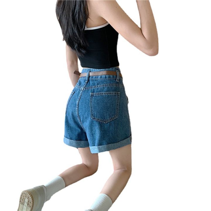 กางเกงขาสั้นผ้ายีนส์ขากว้างเอวสูงทรงหลวมสำหรับผู้หญิง-2023-ฤดูร้อนรุ่นใหม่บางดีไซน์เฉพาะกลุ่ม-a-กางเกงคำ