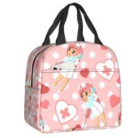 ⊕❁卐 Japanese Kawaii Nurse Insulated Lunch Bags for Camping Travel Pink Polka Dot Pattern Portable Thermal Cooler Bento Box Children