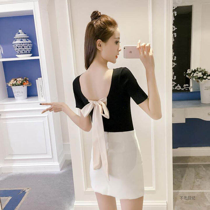 พร้อมส่ง-เสื้อแขนสั้น-backless-เสื้อเเขนสั้นคอกลม-เสื้อยืดมัดโบว์หลัง-เสื้อยืดเเฟชั่น-เสื้อยืดคอกลม