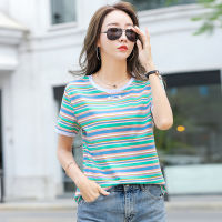 TuangBiang 2022 Summer Orange Red Striped Cotton Women T-Shirts Simple Colorful Short Sleeve Blue Lady Soft Casual Fashion Tops