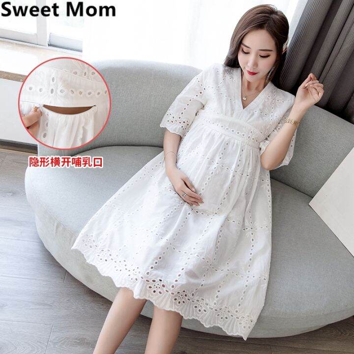 ready-stock-maternity-nursing-dress-v-neck-slim-waist-summer-pregnancy-feeding-dress