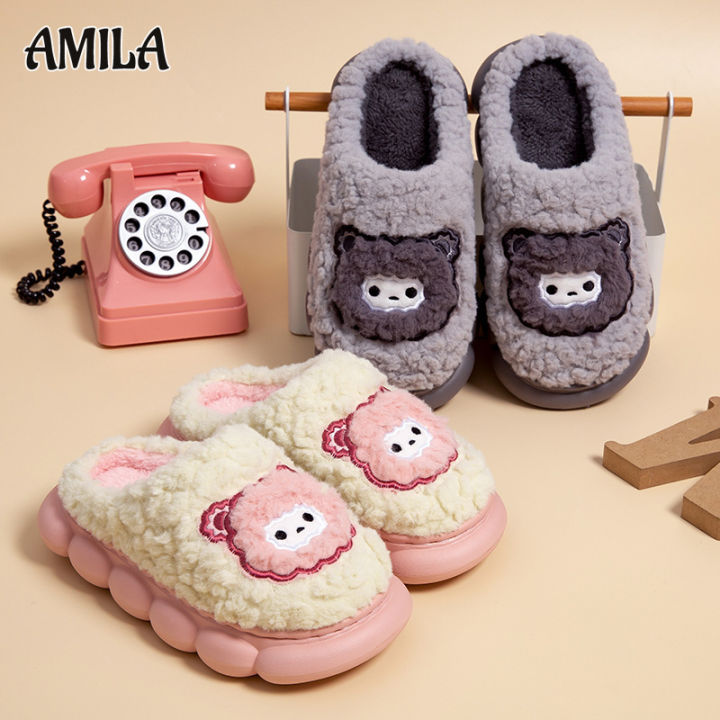 amila-พื้นรองเท้านุ่มของเด็กรองเท้าใช้ในบ้านหนาพิเศษสำหรับฤดูหนาวรองเท้าแตะผ้าฝ้ายเด็กน่ารักแกะการ์ตูน