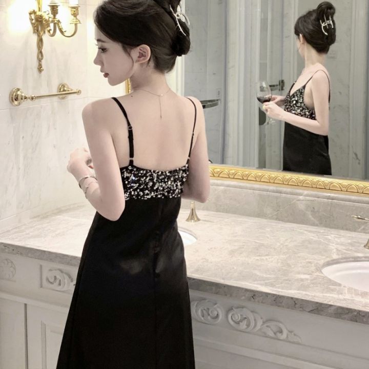 french-design-senior-feeling-sexy-black-sequins-condole-belt-dress-to-lead-long-dress-skirt-of-tall-waist-show-thin