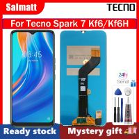 Salmatt หน้าจอแท้สำหรับ Tecno Spark 7 Kf6/Kf6H จอแสดงผล LCD แบบสัมผัสหน้าจอ Digitizer แทนการประกอบสำหรับ Tecno Spark 7 Kf6/Kf6H พร้อมกรอบกลางสำหรับ Tecno Spark Kf6H 7 Kf6